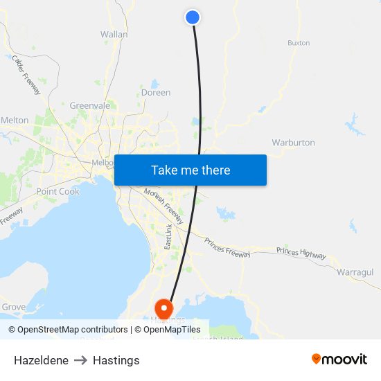 Hazeldene to Hastings map