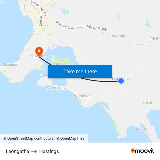 Leongatha to Hastings map