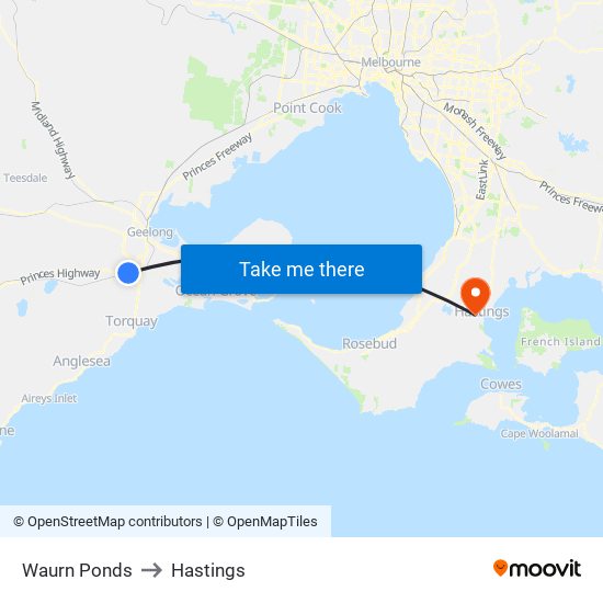 Waurn Ponds to Hastings map