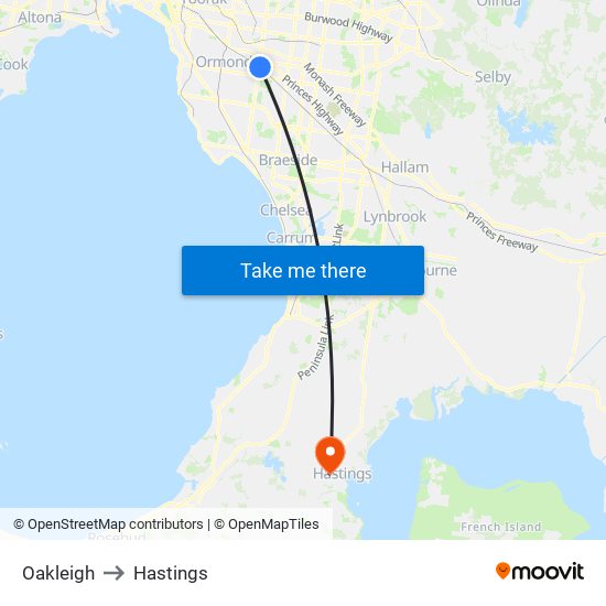 Oakleigh to Hastings map