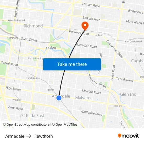 Armadale to Hawthorn map