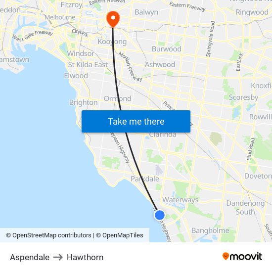 Aspendale to Hawthorn map