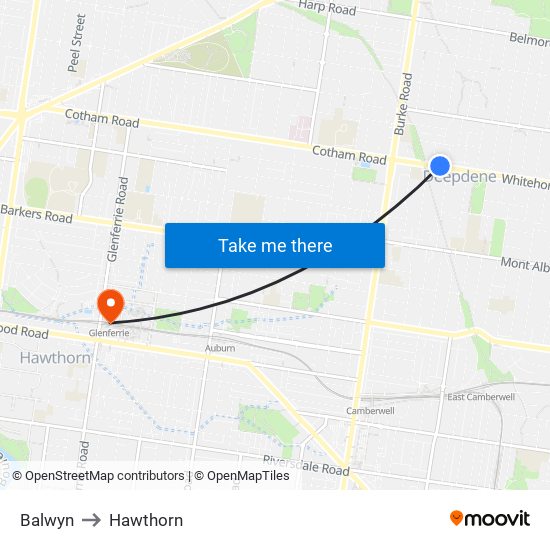 Balwyn to Hawthorn map