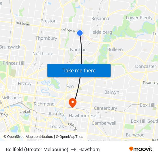 Bellfield (Greater Melbourne) to Hawthorn map