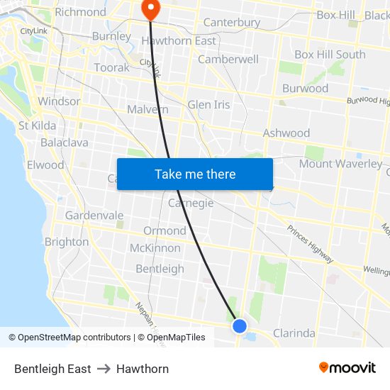 Bentleigh East to Hawthorn map