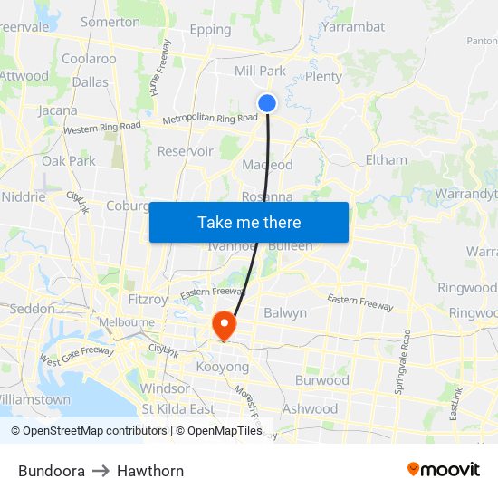 Bundoora to Hawthorn map