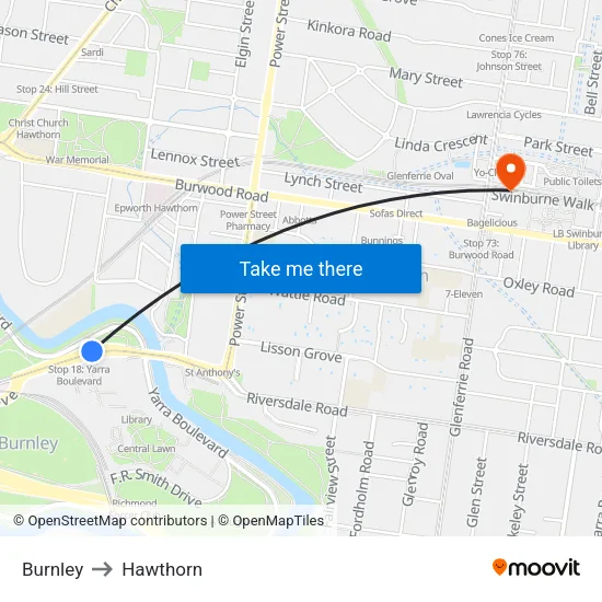 Burnley to Hawthorn map
