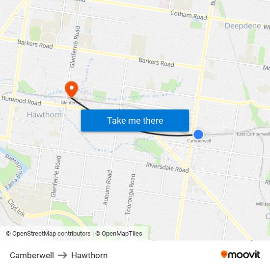 Camberwell to Hawthorn map