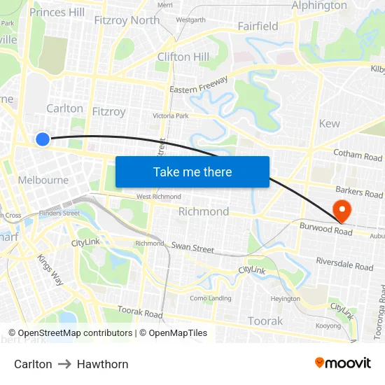 Carlton to Hawthorn map