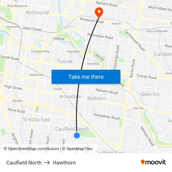 Caulfield North to Hawthorn map