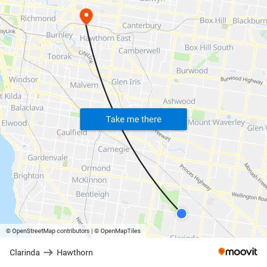 Clarinda to Hawthorn map