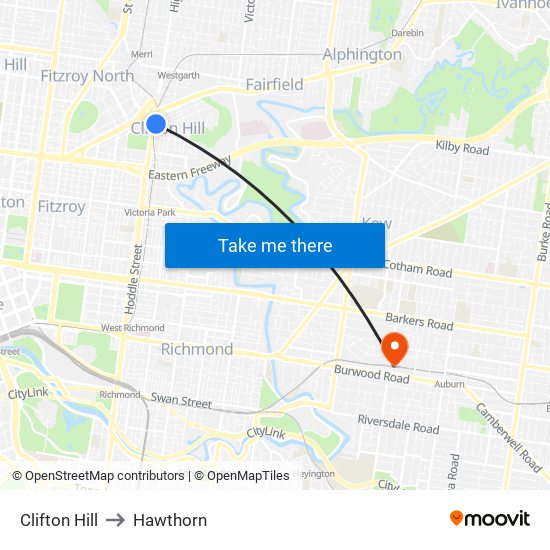 Clifton Hill to Hawthorn map