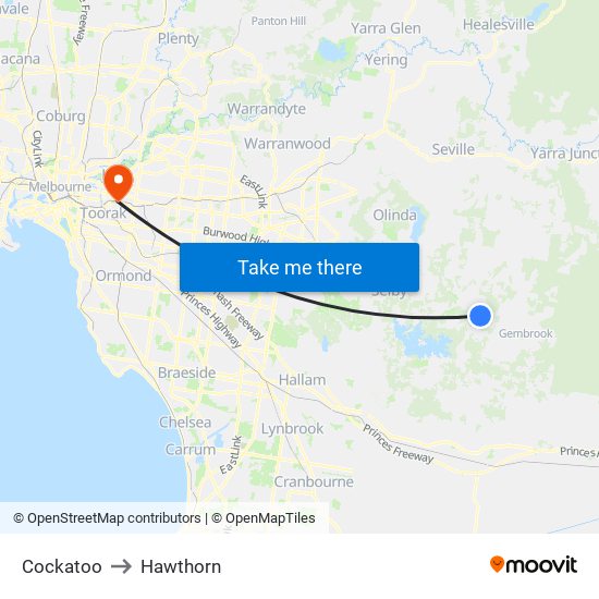 Cockatoo to Hawthorn map