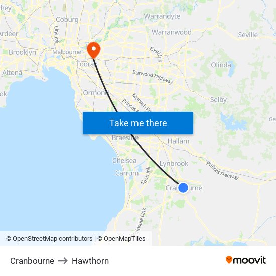 Cranbourne to Hawthorn map