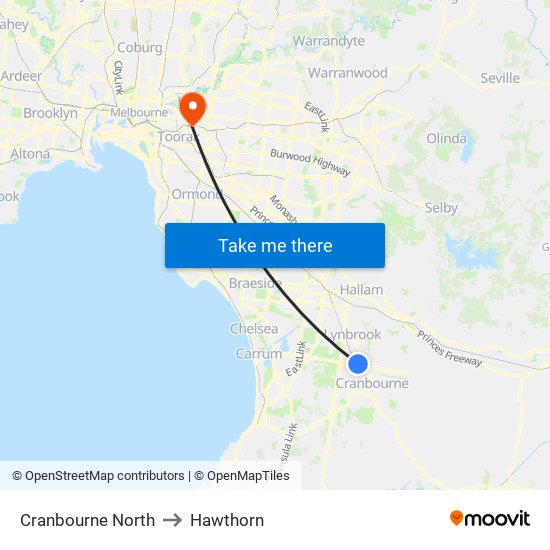 Cranbourne North to Hawthorn map