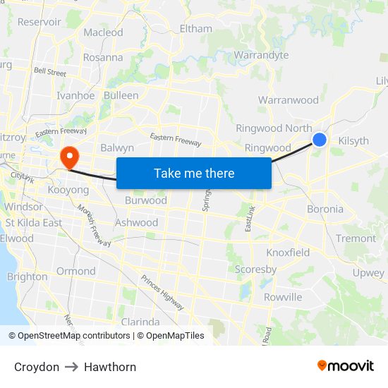 Croydon to Hawthorn map