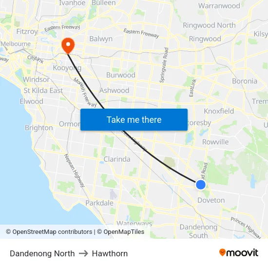 Dandenong North to Hawthorn map