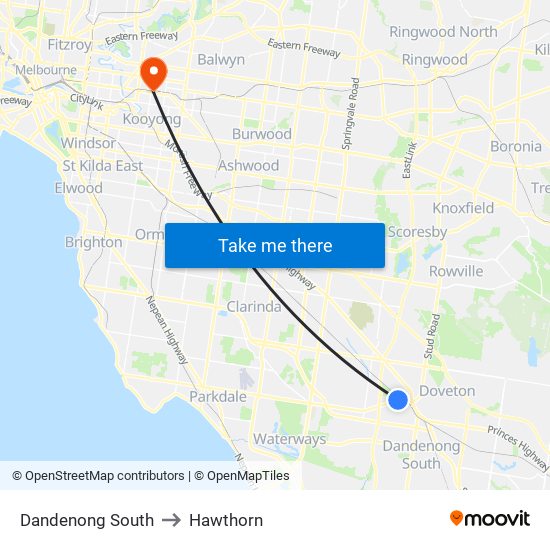 Dandenong South to Hawthorn map