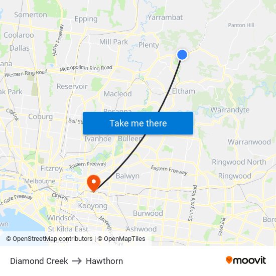 Diamond Creek to Hawthorn map