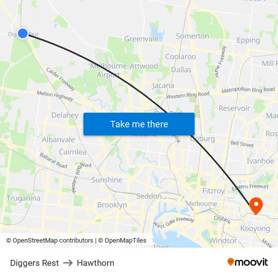 Diggers Rest to Hawthorn map