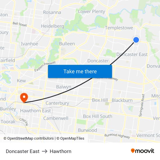 Doncaster East to Hawthorn map