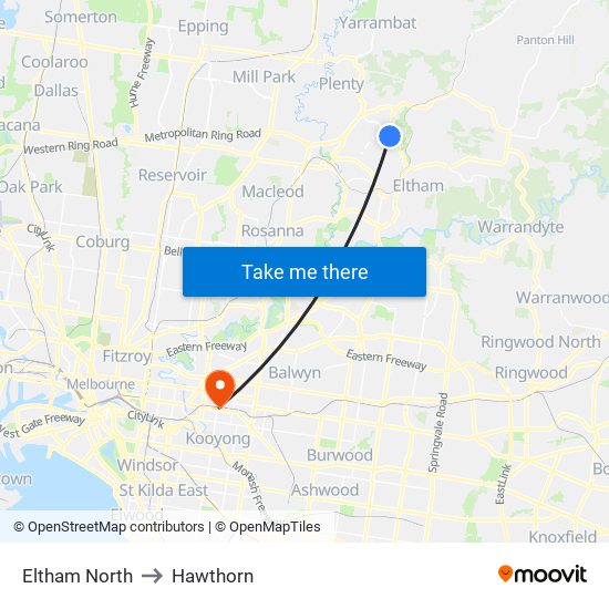 Eltham North to Hawthorn map