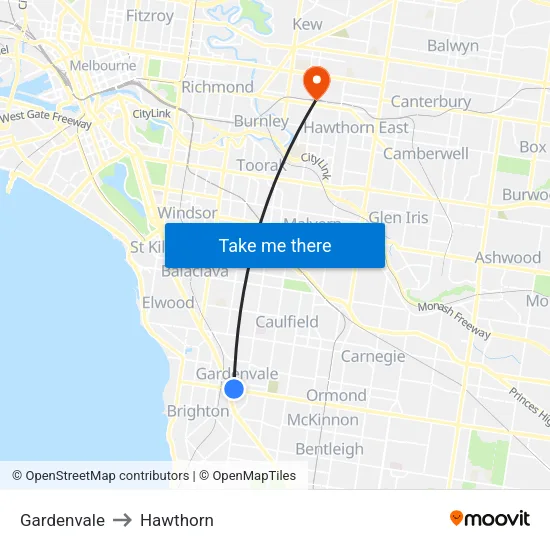 Gardenvale to Hawthorn map