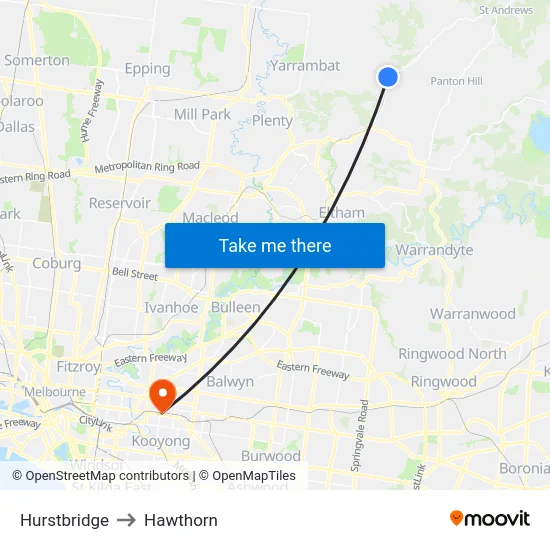 Hurstbridge to Hawthorn map