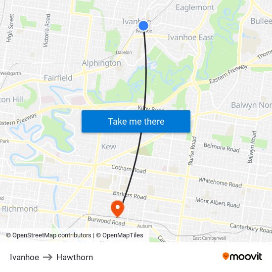 Ivanhoe to Hawthorn map