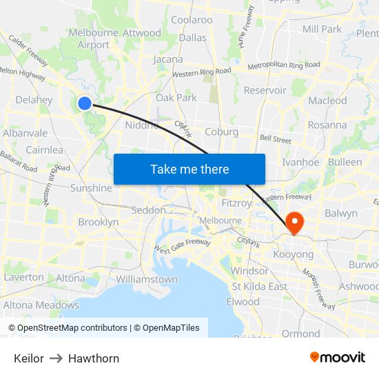 Keilor to Hawthorn map