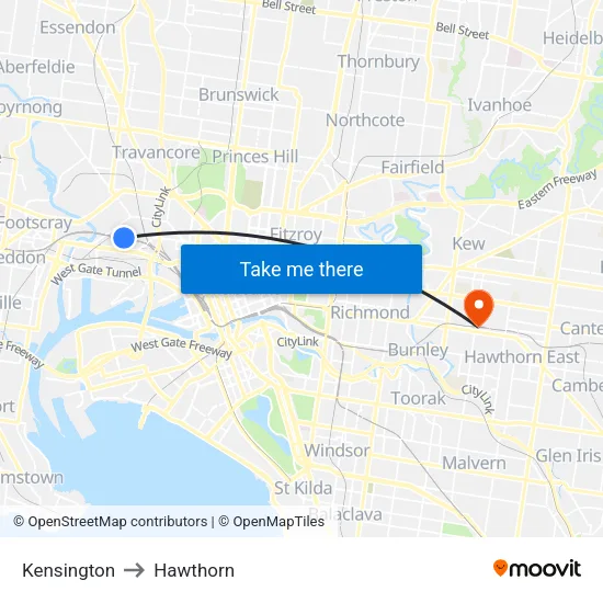 Kensington to Hawthorn map