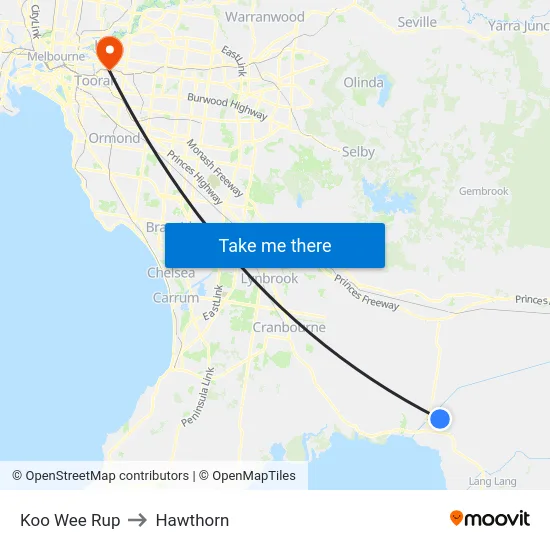 Koo Wee Rup to Hawthorn map