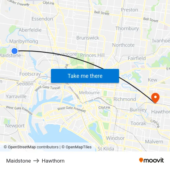 Maidstone to Hawthorn map