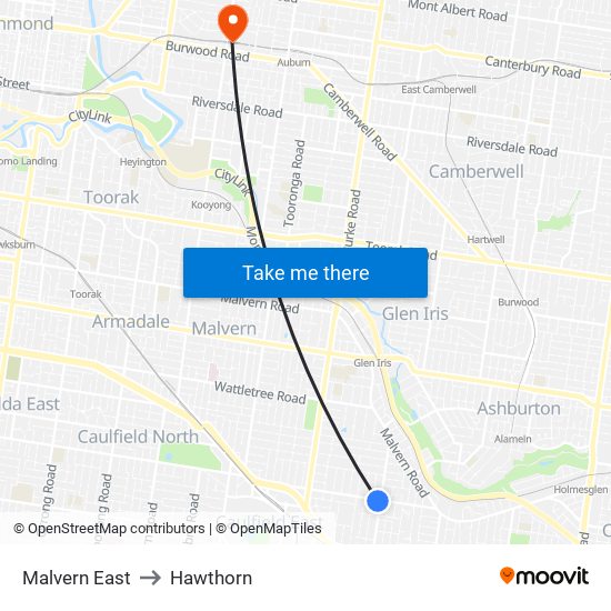 Malvern East to Hawthorn map