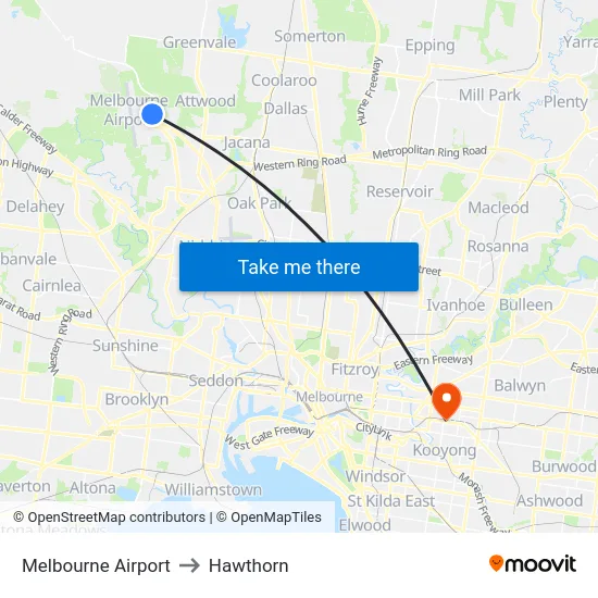 Melbourne Airport to Hawthorn map