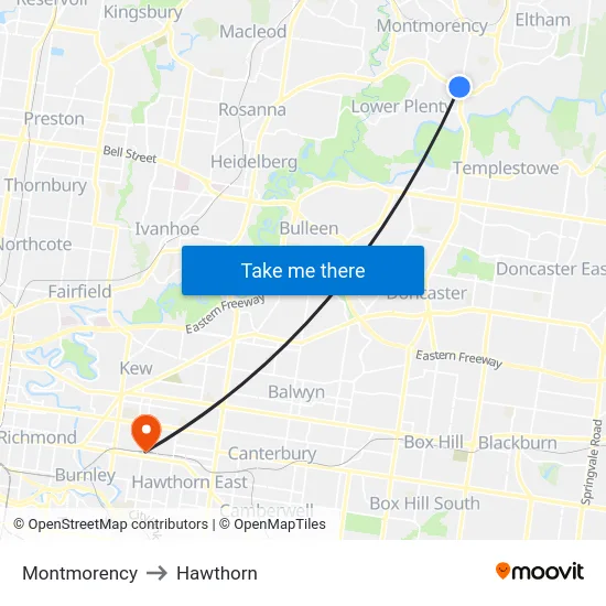 Montmorency to Hawthorn map