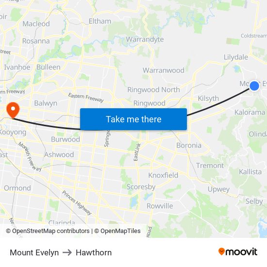 Mount Evelyn to Hawthorn map