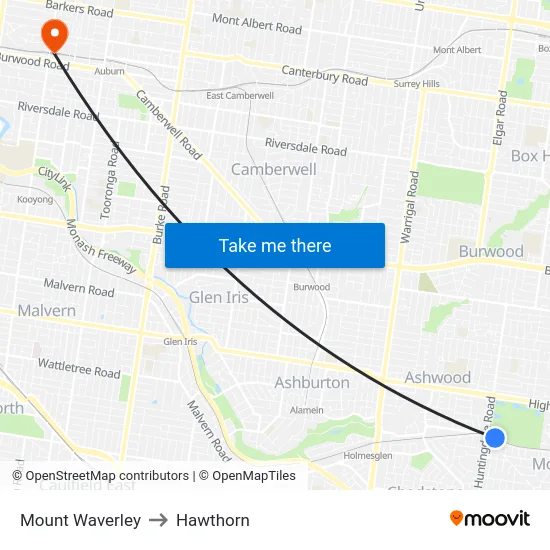 Mount Waverley to Hawthorn map