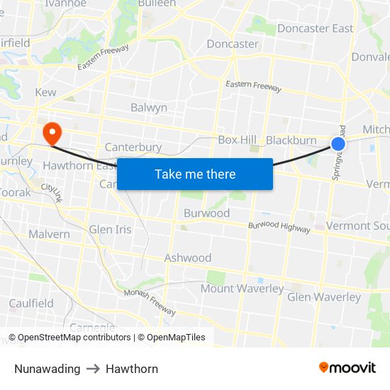 Nunawading to Hawthorn map