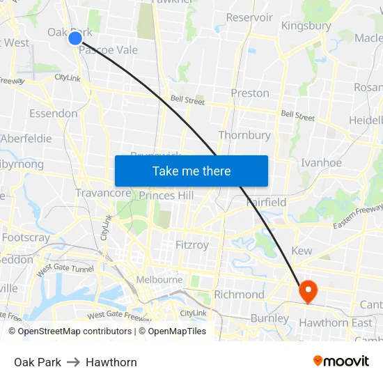 Oak Park to Hawthorn map