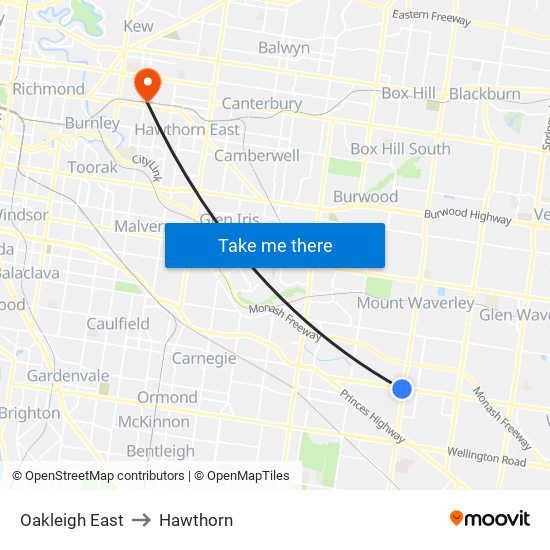 Oakleigh East to Hawthorn map