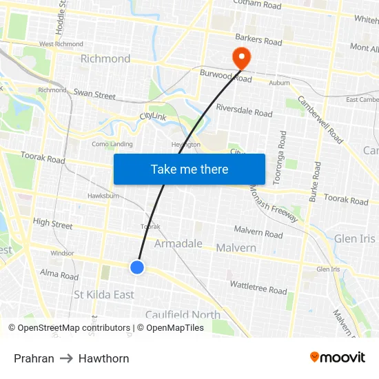 Prahran to Hawthorn map