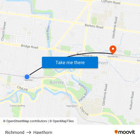 Richmond to Hawthorn map