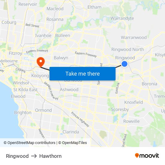 Ringwood to Hawthorn map