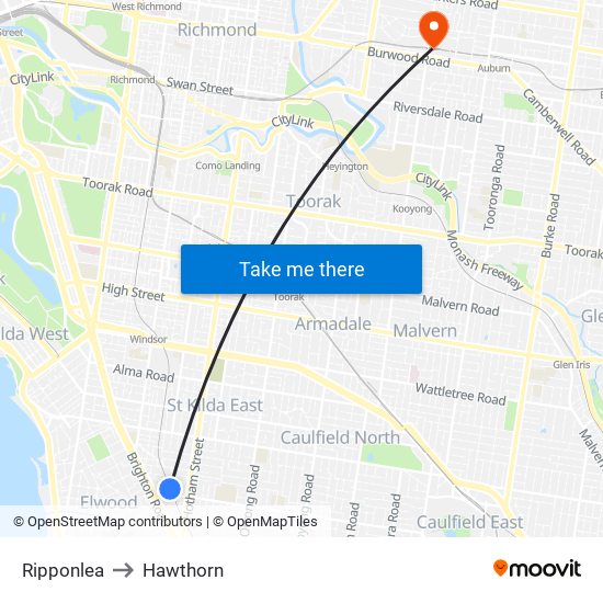 Ripponlea to Hawthorn map