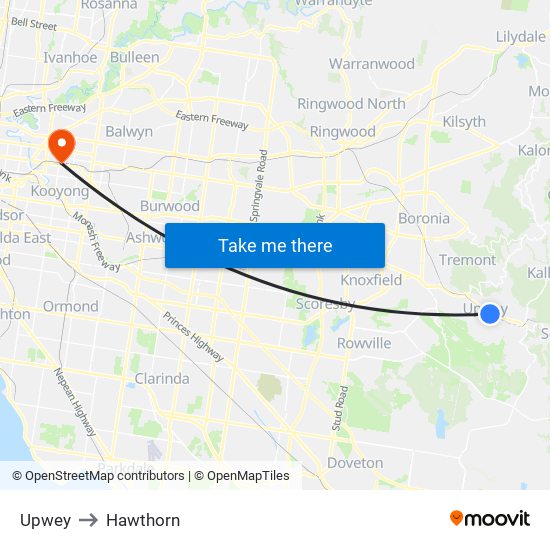 Upwey to Hawthorn map