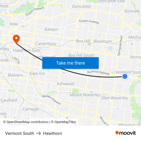 Vermont South to Hawthorn map