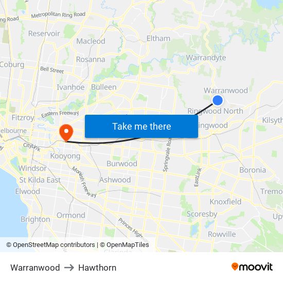 Warranwood to Hawthorn map