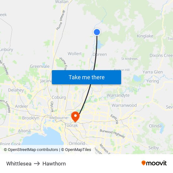 Whittlesea to Hawthorn map