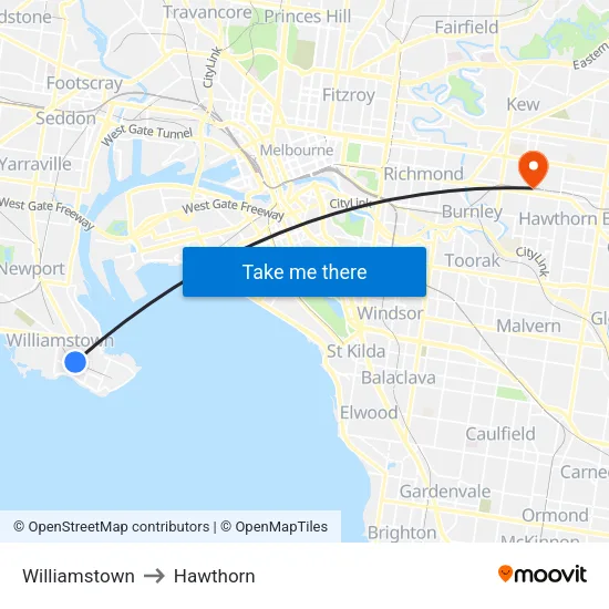 Williamstown to Hawthorn map